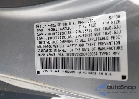 2006 Honda Cr-V Lx from USA, damaged, VIN SHSRD78526U436064